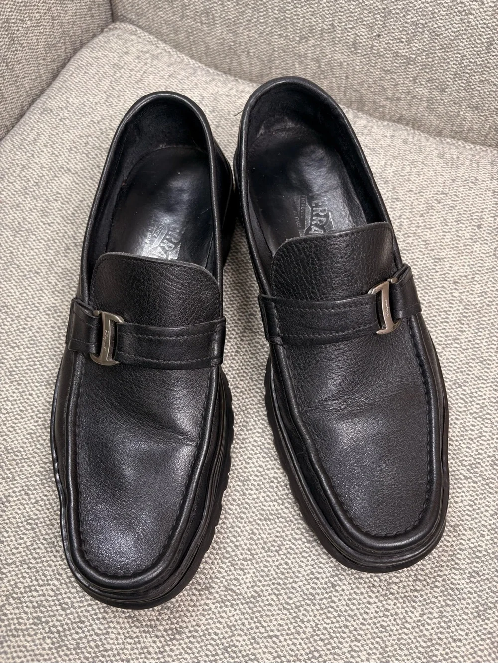 SALVATORE FERRAGAMO Men's Black Leather Slip-On Loafers with Buckle Detail